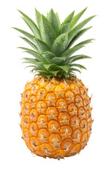 A ripe, whole pineapple with vibrant golden-yellow skin and fresh green leaves, isolated on white background. Perfect for food photography, tropical themes, and healthy lifestyle concepts.