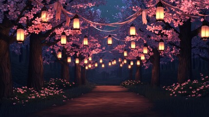 Fototapeta premium A serene path illuminated by lanterns, surrounded by blooming cherry blossoms, creating a tranquil and enchanting atmosphere.