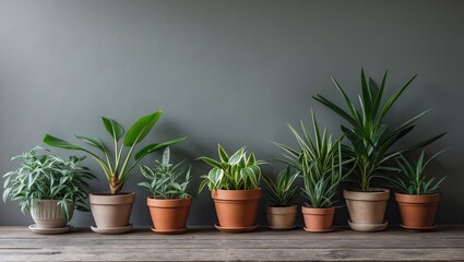 Fototapeta premium Indoor plants in various pots positioned in a row against a dark gray wall with a rustic wooden surface, showcasing lush greenery and earthy tones.