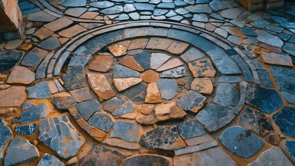 Obraz premium Patterned stone floor featuring circular designs in shades of gray, blue, and brown, with visible wear from water and wind, capturing an ancient ambiance.