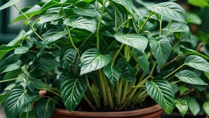 Obraz premium Lush deep green ZZ plant leaves with textured surfaces, arranged in a round brown pot, creating a vibrant indoor home atmosphere.