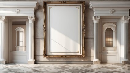 Elegant ornate wall frame in a grand museum setting with white walls, tall columns, and marble floor; centered empty space invites artwork display.