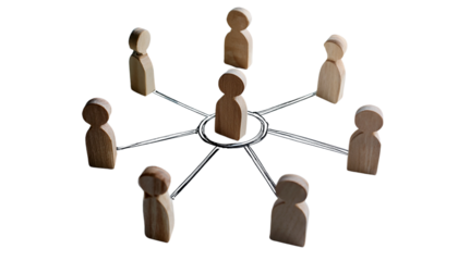 network concept with wooden figures connected showing human resources isolated on transparent background.