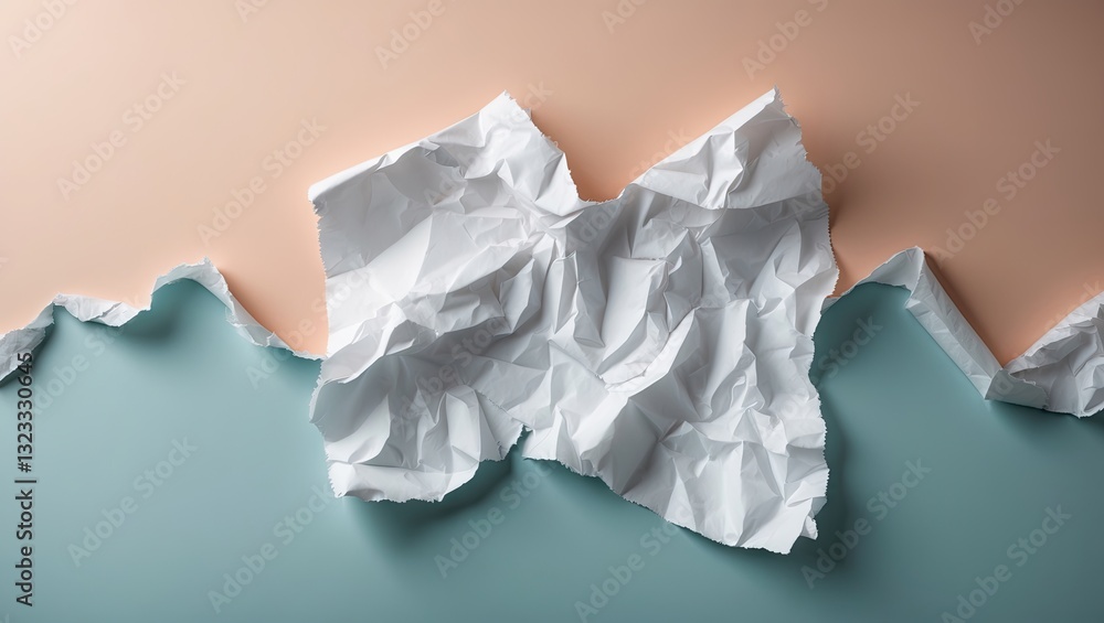 Aufkleber crumpled white paper texture on a pastel peach and green background with torn edges creating an arti
