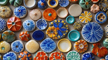 Vibrant mosaic of small ceramic tiles in various colors including blue, orange, yellow, and green arranged beautifully creating a decorative background