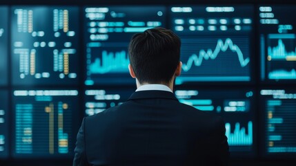 data science in business with predictive modeling concept. Business professional analyzing digital financial data on screens in a modern office environment.