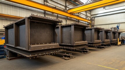 A heavy machinery production facility with large steel components being assembled by advanced robotic systems