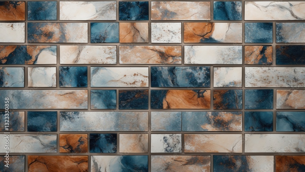 Aufkleber colorful abstract tiled flooring backdrop featuring blue, white, and orange tiles arranged in a geom