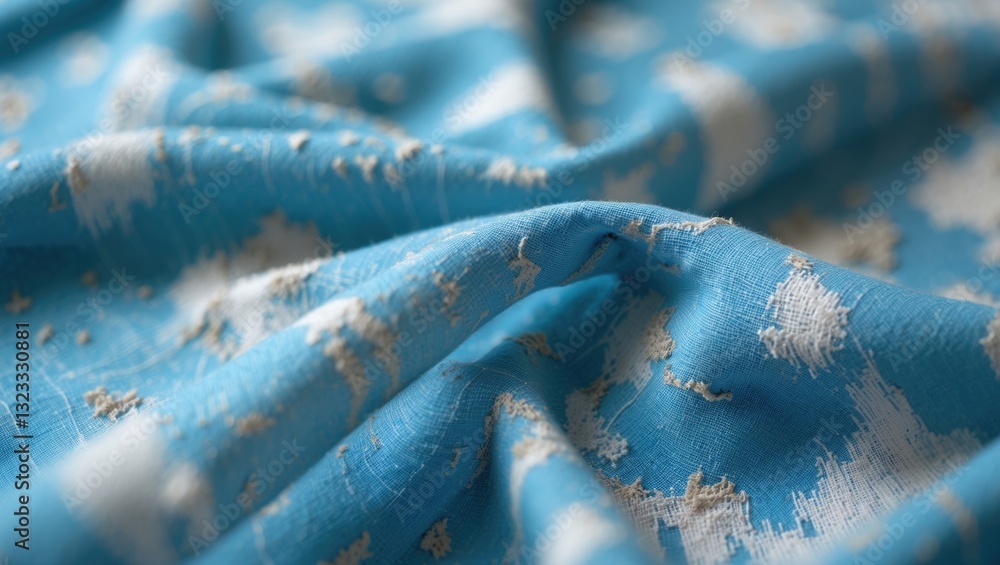 Poster blue textured fabric with intricate white patterns creating soft waves and folds, prominently featur
