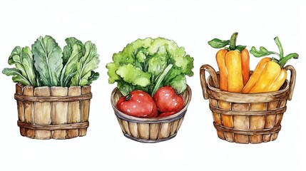 Vegetables and farm produce. Collection set watercolor fresh farm vegetables. Fresh vegetables in rustic baskets.