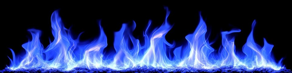 Blue Fire Flames On A Black Background, Blazing Bonfire With Copy Space, Vibrant Fire.