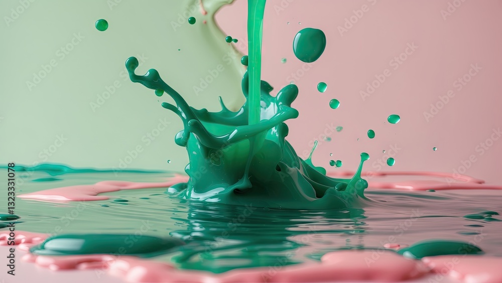 Aufkleber vibrant green ink splash splattering in water against pastel pink background with soft ripples and d