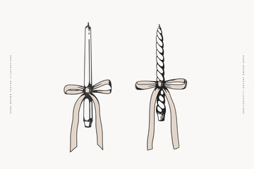 Hand-drawn vintage illustration of two decorative candles with bows. Elegant tapered and twisted candles with ribbon on a light background. Holiday and celebration concept for design and print