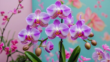 Fototapeta na wymiar Vibrant purple orchids with white stripes in focus on lush green leaves against a soft pastel garden background of pink and blue tones