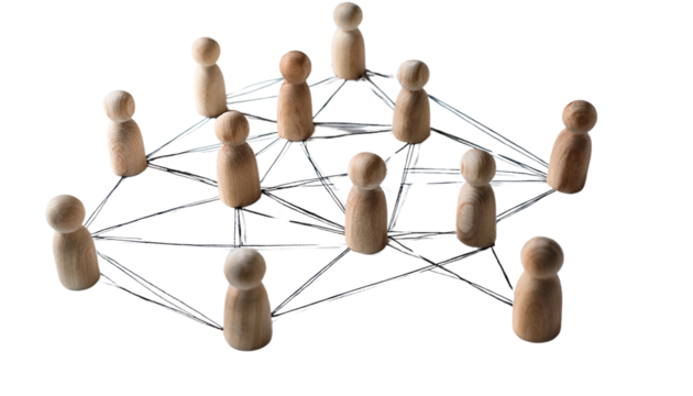 network concept with wooden figures connected showing human resources isolated on transparent background