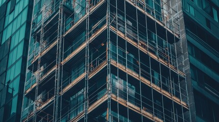 Obraz premium A high-rise industrial building framework with exposed steel beams and scaffolding
