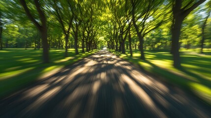 Obraz premium Blurred pathway in forest with sunlit greenery and long shadows