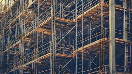 A high-rise industrial building framework with exposed steel beams and scaffolding