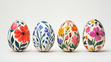 Fototapeta premium Painted floral Easter eggs, spring celebration, white background, greeting card design