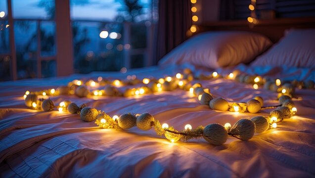 Cozy bedroom scene featuring a glowing yellow garland arranged on a soft bedspread, illuminated by twilight with blue and purple hues in the background.