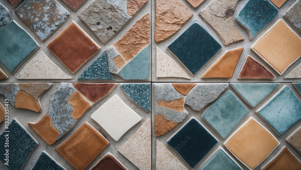 Poster ceramic tile flooring with a mosaic pattern featuring brown, teal, and cream tones arranged in a geo
