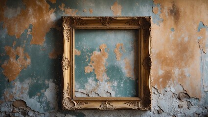 Vintage gold frame against a peeling blue and orange grunge wall, center positioned, highlighting...