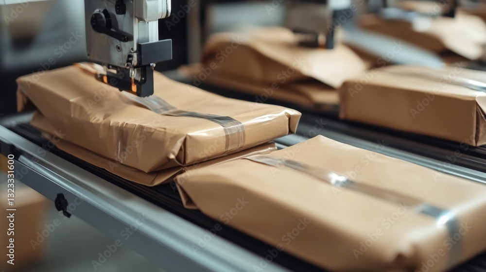 Poster a high-speed automated packaging line wrapping and sealing products efficiently
