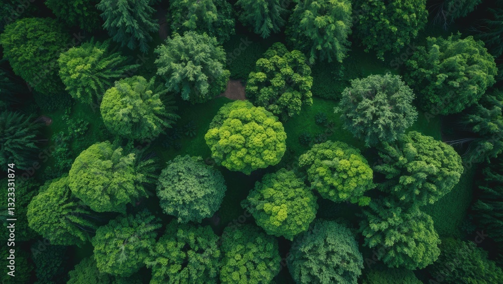 Poster aerial view of a dense green forest with varying shades of green trees in circular patterns, creatin