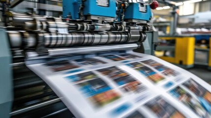 A high-speed automated printing press producing colorful pages at incredible speeds