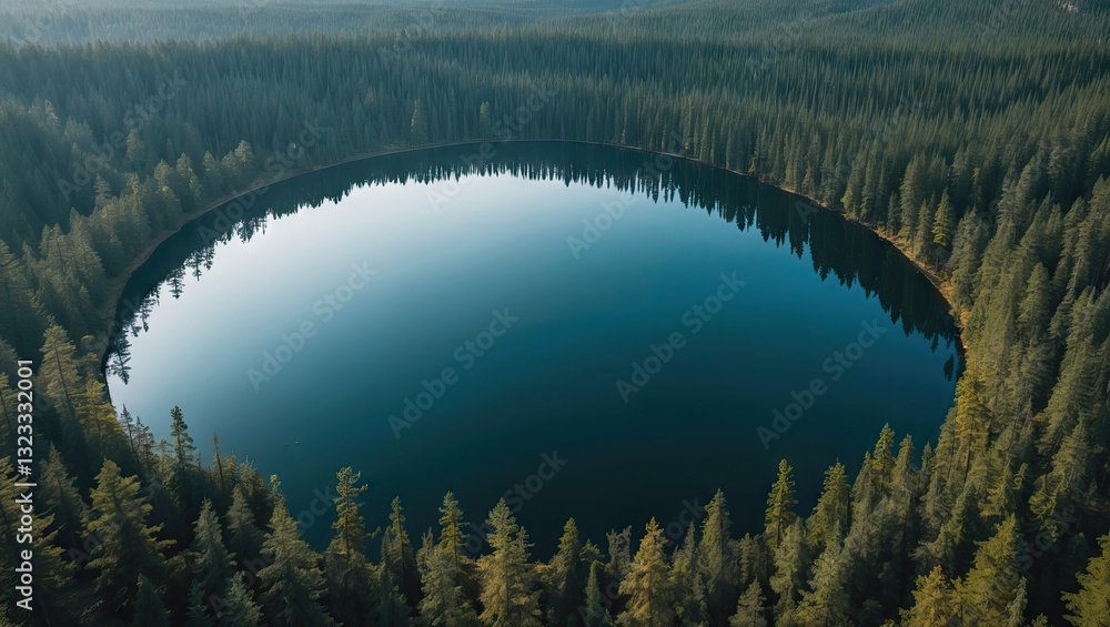 Poster aerial view of a circular blue lake surrounded by dense green pine forest creating a natural frame w