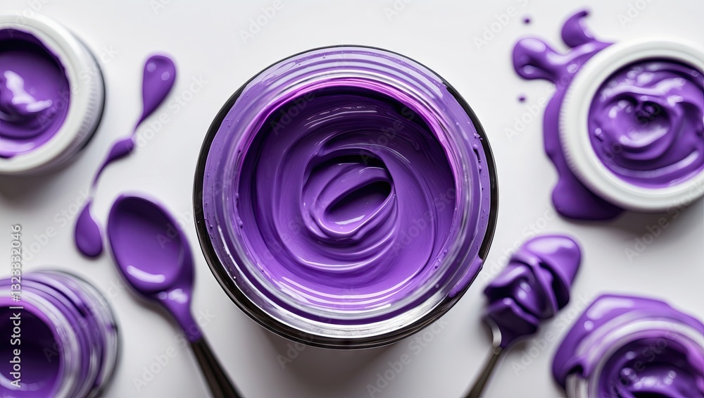 Aufkleber purple paint jar top view with swirling texture surrounded by paint splatters and small jars on a wh