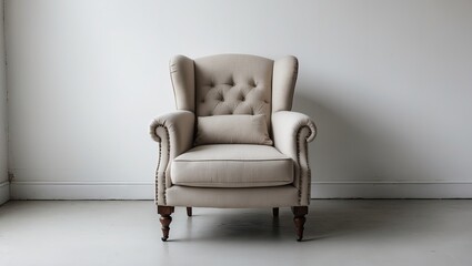 Elegant beige armchair with tufted backrest and wooden legs placed in minimalist space with white walls and floor, creating a clean aesthetic