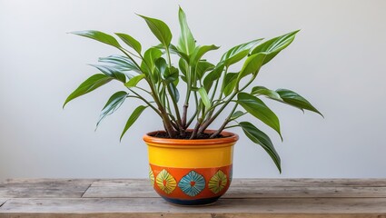 Vibrant Maranta houseplant in a colorful orange and red patterned pot on a rustic wooden surface against a soft white background.