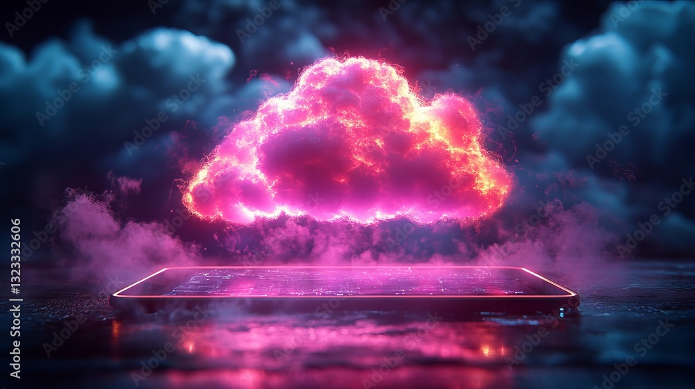 Aufkleber neon cloud icon over glowing tablet on dark background: futuristic digital interface showcasing clou