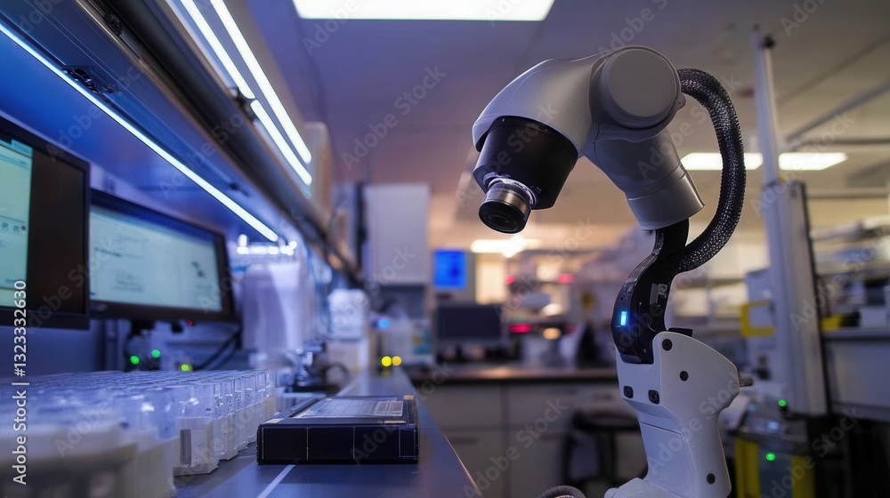 Poster robot conducts research in high-tech laboratory with advanced equipment and lighting