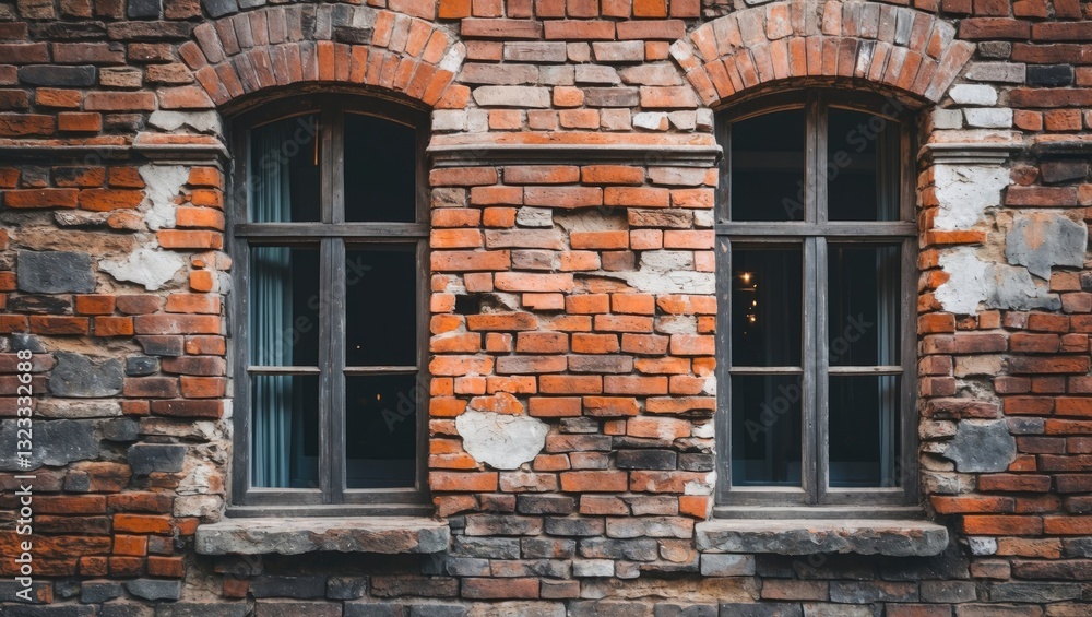 Aufkleber weathered brick wall featuring two arched windows in muted red and gray tones with peeling paint and