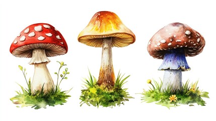 Vegetables and farm produce. Collection set watercolor fresh farm vegetables. Colorful mushrooms growing in a lush environment.