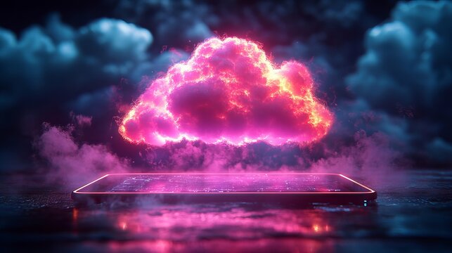 Neon cloud icon over glowing tablet on dark background: futuristic digital interface showcasing cloud computing and advanced data connectivity - Powered by Adobe
