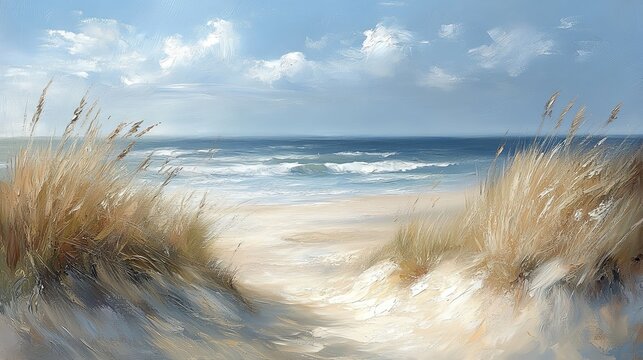 Sea Wall art poster, Vibrant summer beach landscape with gentle breeze and soft pastel colors