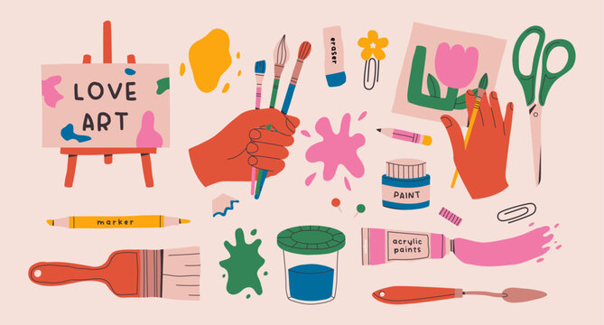 Painting tools hand drawn set