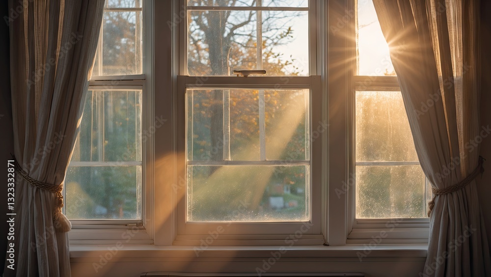 Poster sunlit window with white curtains gently draped on the sides casting soft golden rays across the fra
