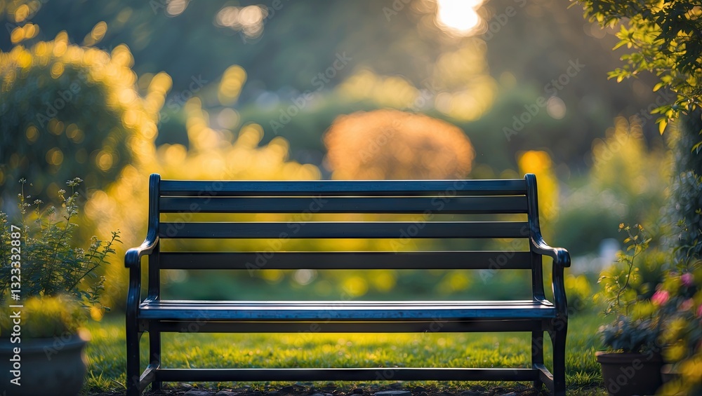 Poster serene garden setting featuring a wooden bench in the foreground with soft afternoon light creating 