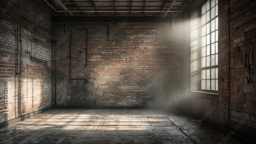 Aufkleber grunge industrial interior with a textured brick wall and diffuse lighting from a large window creat