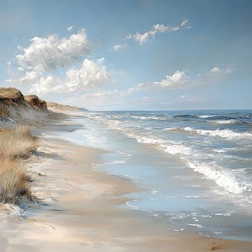 Soft summer beach with gentle waves and pale pastel colors in a vintage oil painting style, sea Wall art poster