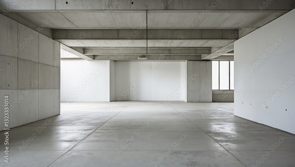 Poster spacious minimalist interior with concrete walls and polished gray floor showcasing an open layout a