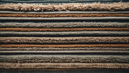 Textured layers of rustic carpet in earthy tones of brown, beige, and gray arranged horizontally, showcasing varied fabric finishes and patterns.