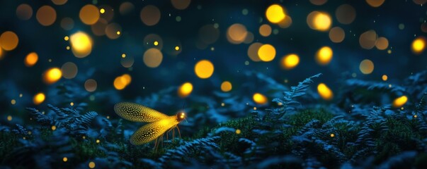 Glowworms, Bioluminescent fireflies glow softly in a dark, enchanting forest scene.
