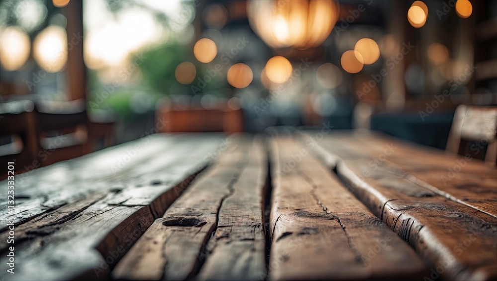 Poster close-up of a rustic wooden table with deep brown hues in the foreground and softly blurred warm yel