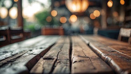 Close-up of a rustic wooden table with deep brown hues in the foreground and softly blurred warm yellow lights in the background creating ambiance