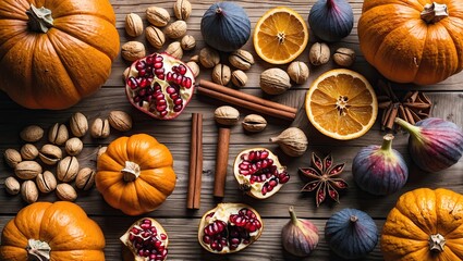 Autumn harvest scene featuring vibrant orange pumpkins, figs, walnuts, and pomegranate seeds artfully arranged on a rustic wooden background.